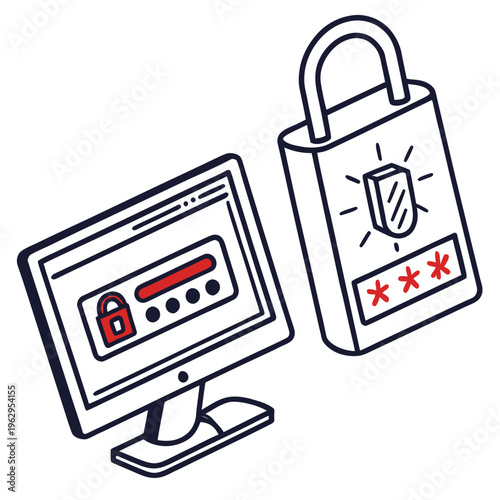 Computer screen with a lock and a padlock with a shield