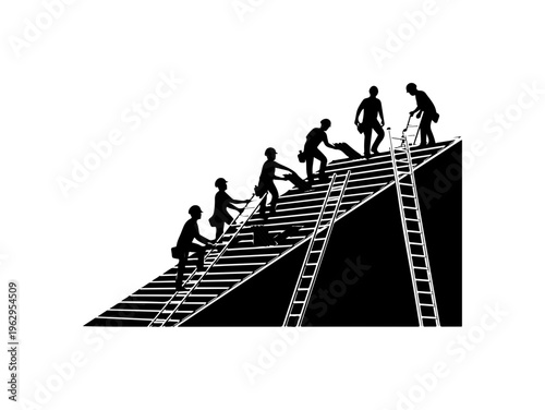 Team Climbing Together on Mountain Ladder