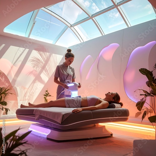 A woman lies on a futuristic medical bed as a technician operates a device
