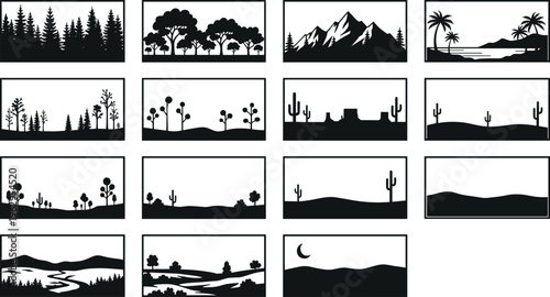 Black silhouette landscape collection featuring forest, mountains, desert, river and nature scenes in minimal style for background, illustration, travel and environment design use