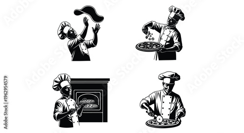 Four distinct vector illustrations of skilled chefs demonstrating various stages of traditional pizza preparation.