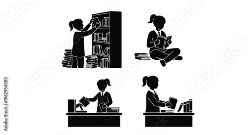 Diverse vector graphic collection showcasing student or librarian figures engaged with books and library tasks.