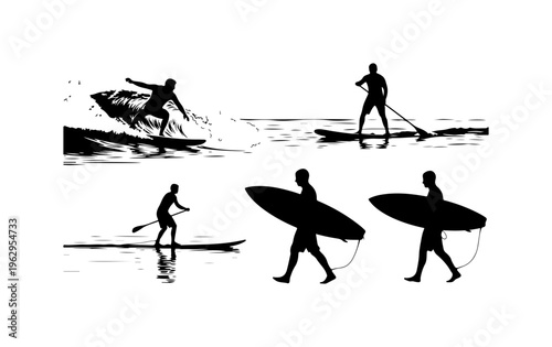 Surfing and Paddleboarding Silhouette Activities