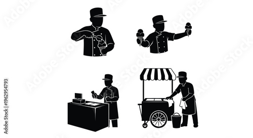 Collection of four black and white vector graphic illustrations depicting ice cream vendors in different scenarios
