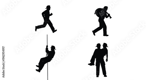 Diverse vector graphic illustration showcasing firemen performing essential rescue duties and emergency services