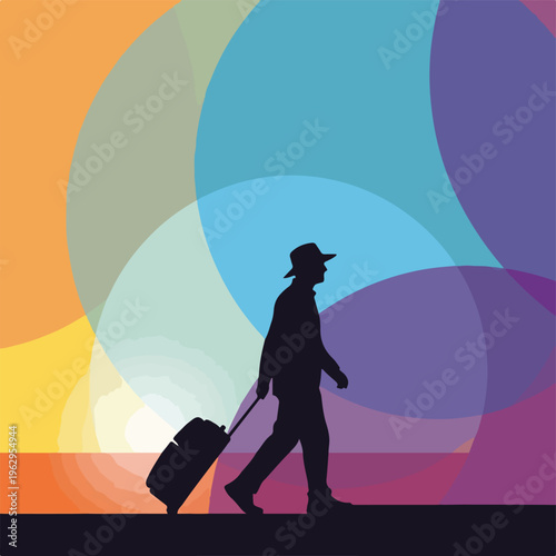 A silhouette figure with a suitcase walks against a colorful gradient backdrop