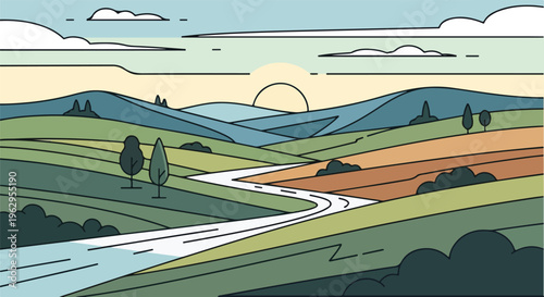 A stylized landscape featuring rolling hills, road, trees, clouds, and a sunrise