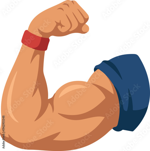 Flat vector illustration of a strong flexed arm showing biceps muscle, symbolizing strength, fitness, power, and bodybuilding.