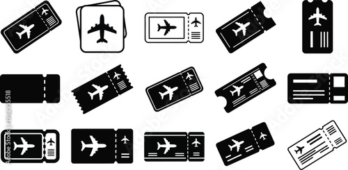 Collection of various airplane ticket and boarding pass icons in different formats and orientations