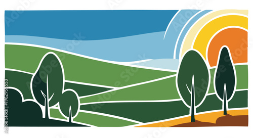 A stylized landscape featuring rolling hills, trees, and a setting sun