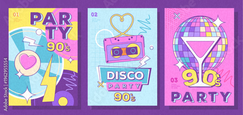 Set of retro colorful disco party posters, covers or banners of 80s-90s. Disco background. Flat design. Vector illustration