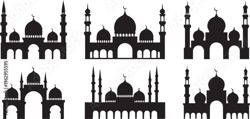Mosque, Islamic Architecture, Black Silhouettes, Vector Icons, Religious Buildings, 6 Designs