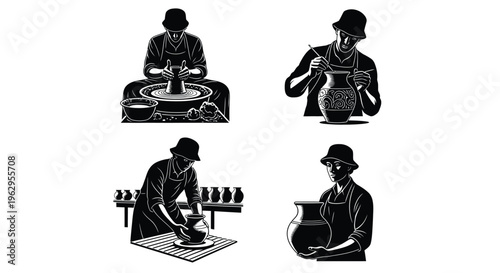 Vector illustration of a traditional potter creating earthenware, showcasing various stages of the artistic craftsmanship process