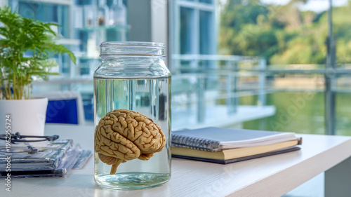 Creative display of a preserved brain in a glass jar on a table by the window overlooking a tranquil green landscape during daylight