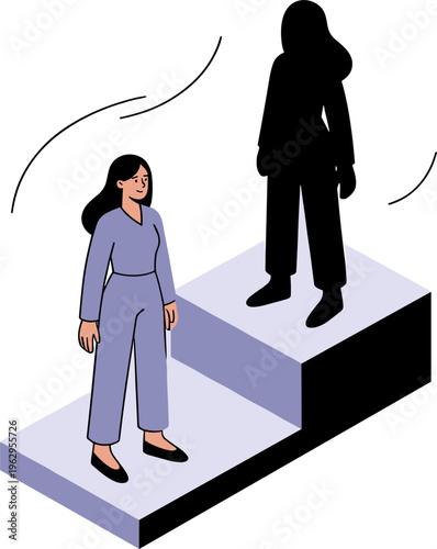 A woman stands on a step looking up at a silhouette figure.