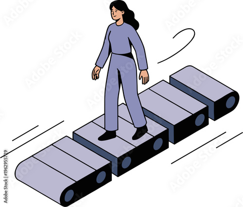 A woman walks on moving conveyor belt sections in an industrial setting.