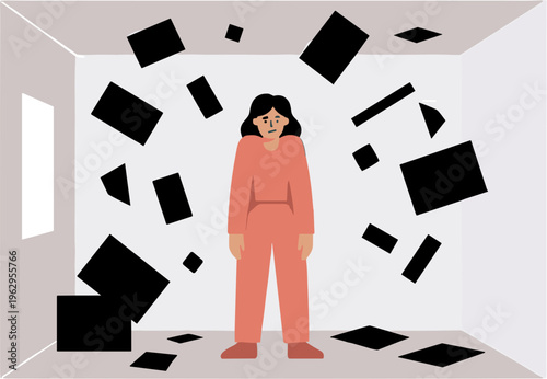 Woman stands in room with papers flying around her everywhere indoors