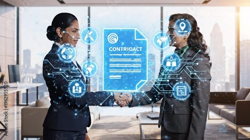 Businesswomen shaking hands in office, digital transformation concept.