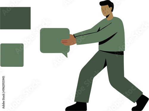 Man running with speech bubble in hand outdoors quickly