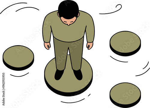 A man stands on a large coin surrounded by smaller coins floating in the air