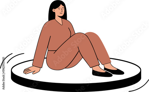 Woman sitting on a rotating platform wearing brown clothes and black shoes