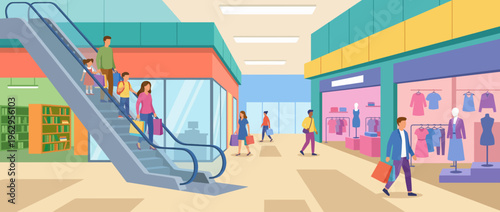 A vibrant and lively illustration of a shopping mall interior, showcasing escalators, shoppers, and various retail displays, capturing the excitement of retail environments.