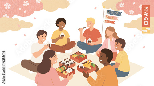 Picnic with Diverse Friends Enjoying Japanese Bento and Onigiri Under Cherry Blossoms