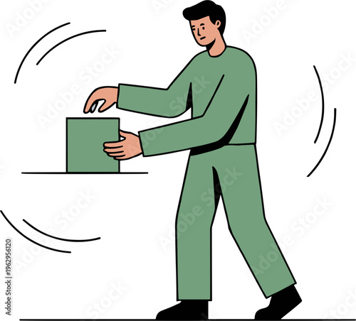 Man in green clothes lifting a box with motion lines around him indoors