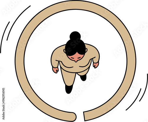 A woman is depicted standing inside a large broken circle from an aerial view.