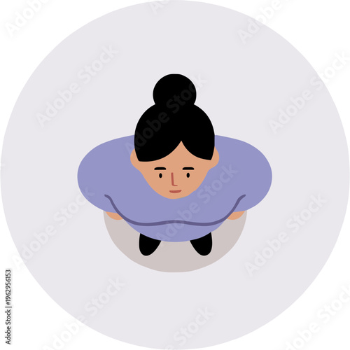 Woman with black hair and purple shirt looks down