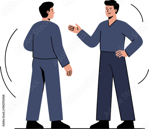 Two men communicate while standing facing each other indoors
