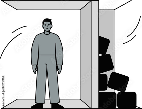 Man standing inside a room with falling black cubes around him.
