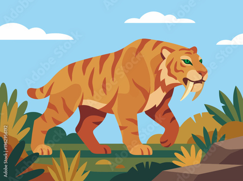 This illustration features a stylized saber-tooth tiger, showcasing its iconic traits in a fun and colorful manner that represents artistry and creativity in animal depiction.