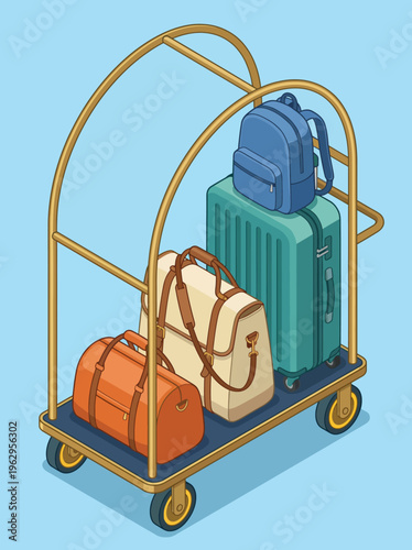 A visually appealing luggage cart showcasing trendy travel bags and backpacks, representing adventure and the joy of exploring new destinations with style and comfort.