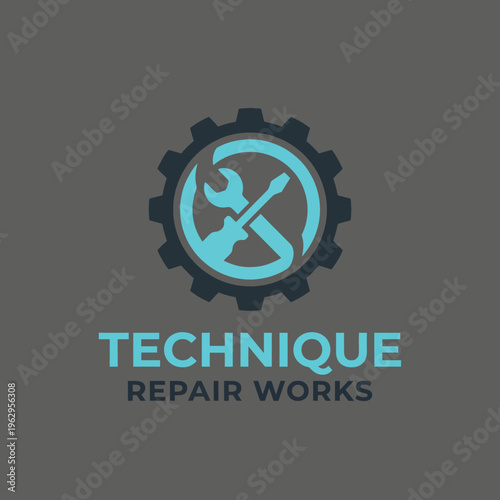 This logo design features a gear and tools, symbolizing technical repair works, emphasizing quality service, and showcasing the reliability of the repair industry for technology solutions.