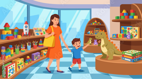 A vibrant scene of a mother and son in a toy store, capturing the joy of exploration, shopping, and the excitement children feel when surrounded by colorful toys and games.
