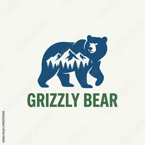 A striking graphic representation of a grizzly bear amidst mountainous landscapes, symbolizing strength and resilience in nature's grandeur and wilderness.