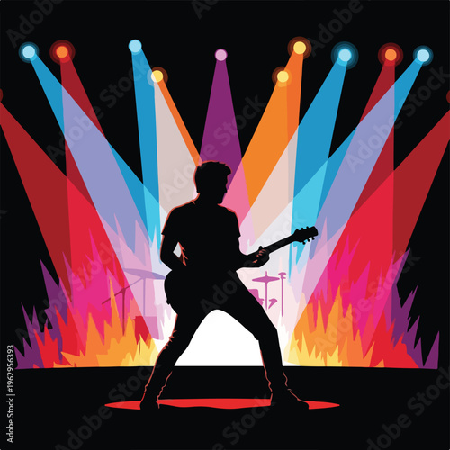 A silhouette of a guitarist on stage with lights and a band