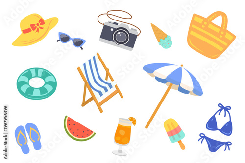 Summer flat set with beach accessories. hat, sunglasses, umbrella, swimsuit, camera, cocktail, watermelon, ice cream and deck chair. Bright seasonal travel collection isolated on white background.