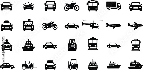 Collection of various transportation icons and vehicles