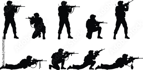 Military soldier silhouette collection featuring tactical positions with rifle in combat poses, standing, kneeling and prone for defense, security, army and training illustration use