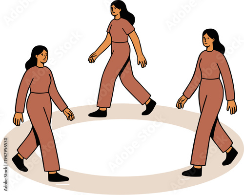 Three women walking in a circle together in unison outdoors