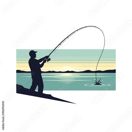 A silhouette of a man fishing, the pole bent with water splashes