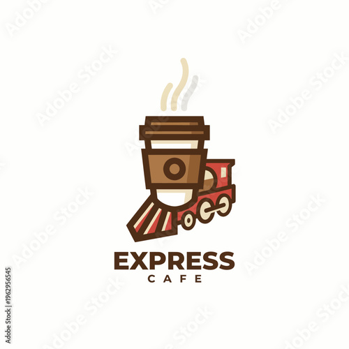 This logo features a coffee cup blended with train imagery, symbolizing fast service and the stimulating experience of enjoying coffee on the go at Express Cafe.
