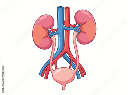 An informative illustration showing the human kidney and urinary system, highlighting anatomical details, connections, and functions essential for understanding human biology.