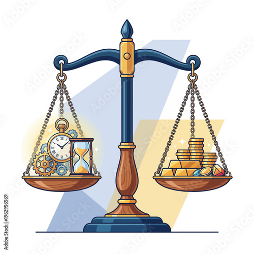 An illustration featuring a classic balance scale symbolizing the equilibrium between time and wealth, represented by a clock and gold coins, reflecting human priorities.