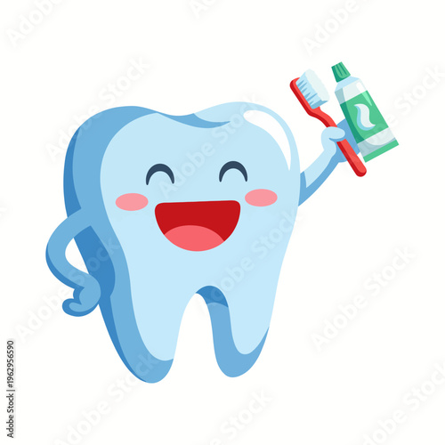 This cheerful cartoon tooth character is happily waving a toothbrush and toothpaste, promoting dental hygiene and encouraging kids to brush their teeth every day for healthy smiles.