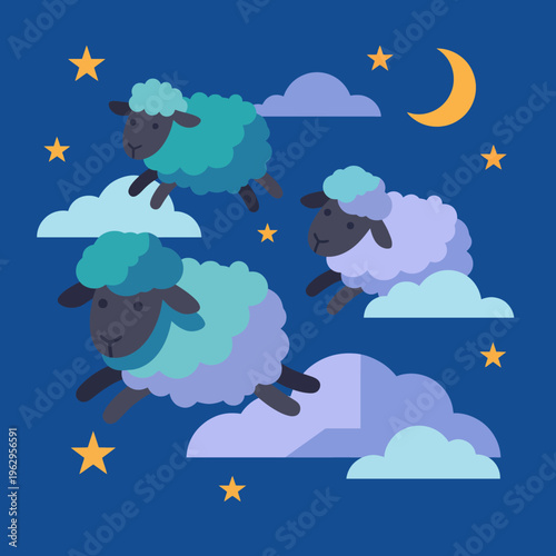 This charming illustration features playful sheep jumping across a clear night sky, creating a whimsical atmosphere filled with clouds, stars, and a tranquil moon.