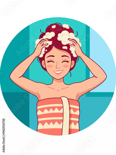 A cheerful girl in a towel joyfully washing her hair in the shower, depicted with bubbles creating a lively and refreshing bathroom moment in this vibrant image.