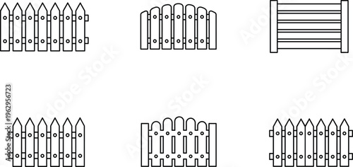Minimalist wooden fence icon set in outline style featuring various garden barrier designs, picket fences and panels for landscaping, security and property boundary concepts